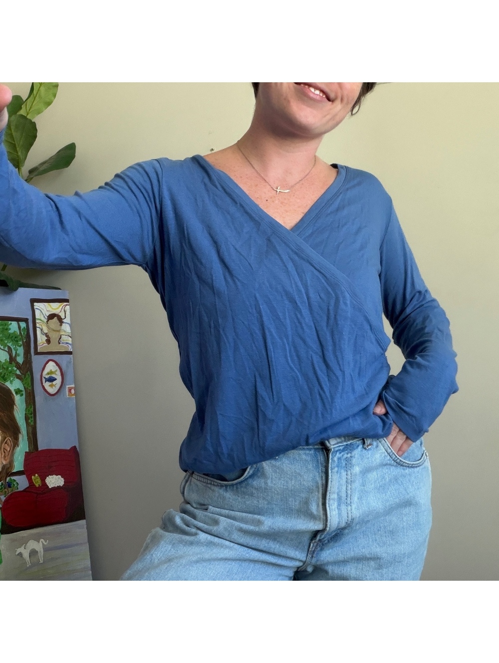 Vintage blue wrap front long sleeve top